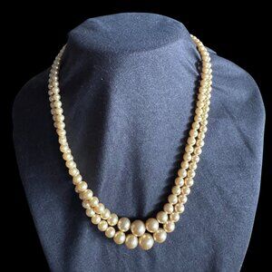 Vtg Sterling 925 Box Clasp Faux Cream Pearl Double-Strand 14" Art Deco Necklace